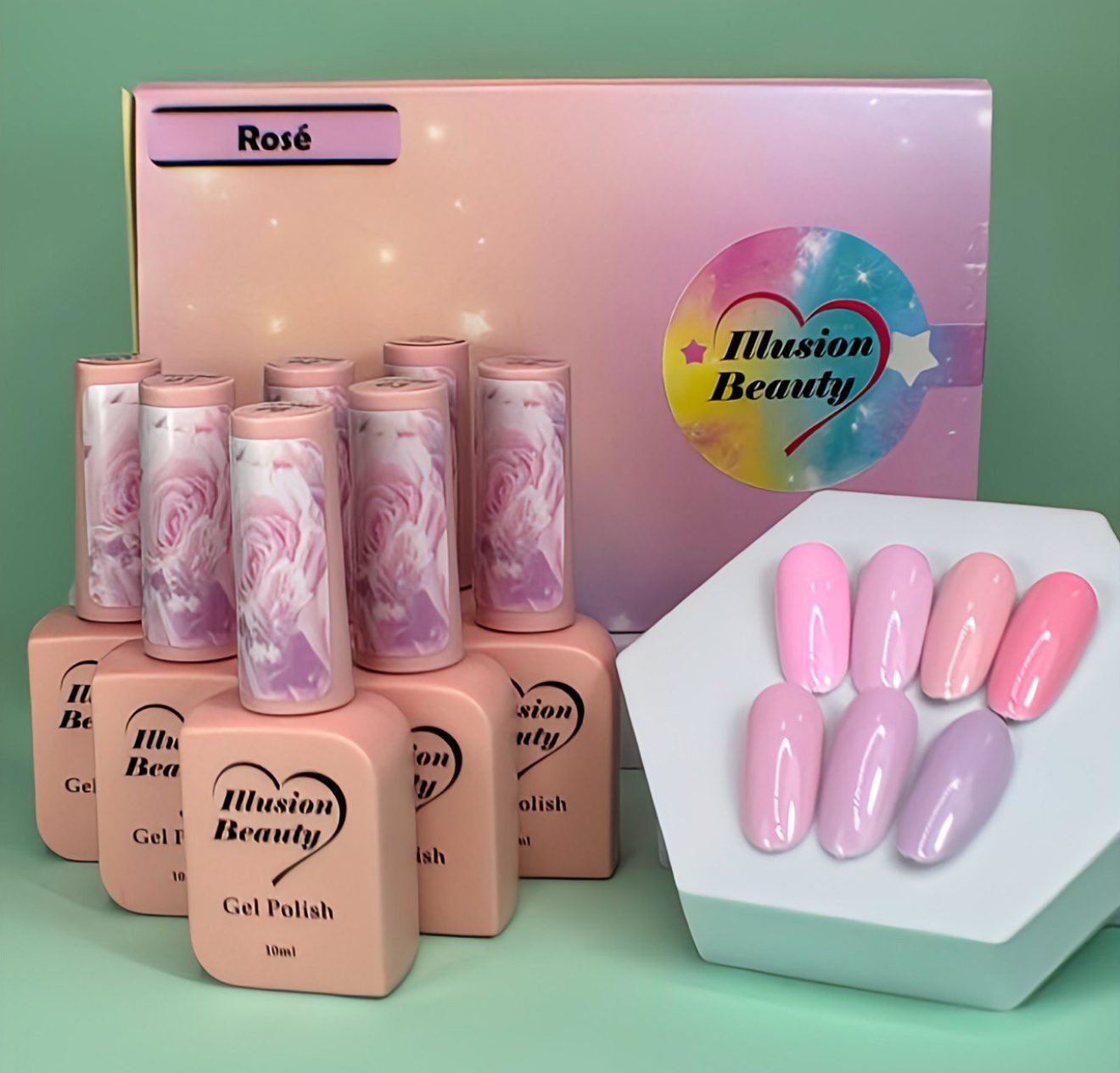 kit esmaltes semipermanentes colección Rosé illusion beauty