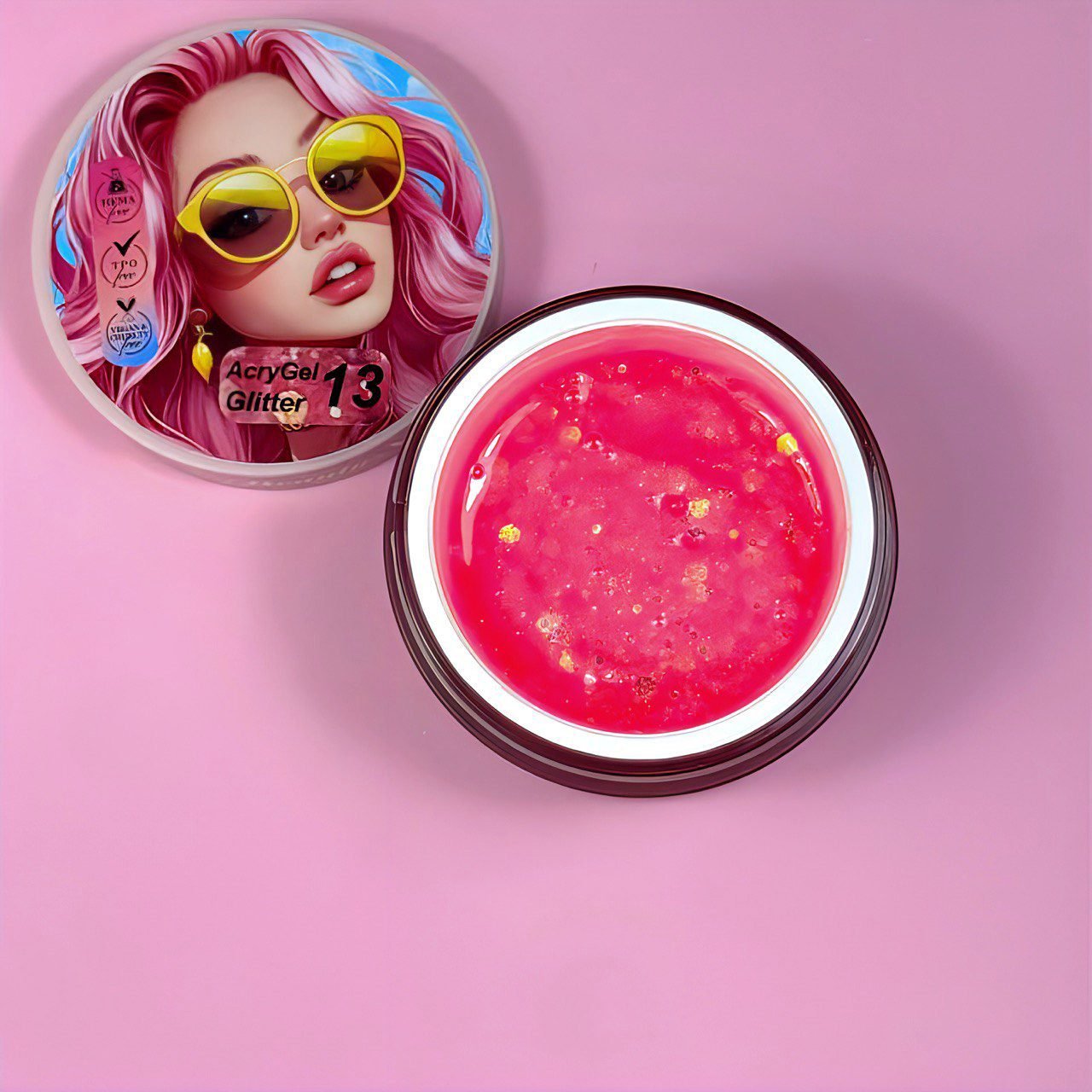 AcryGel Glitter 13 Illusion Beauty 30g – Rosa neón con glitter dorados