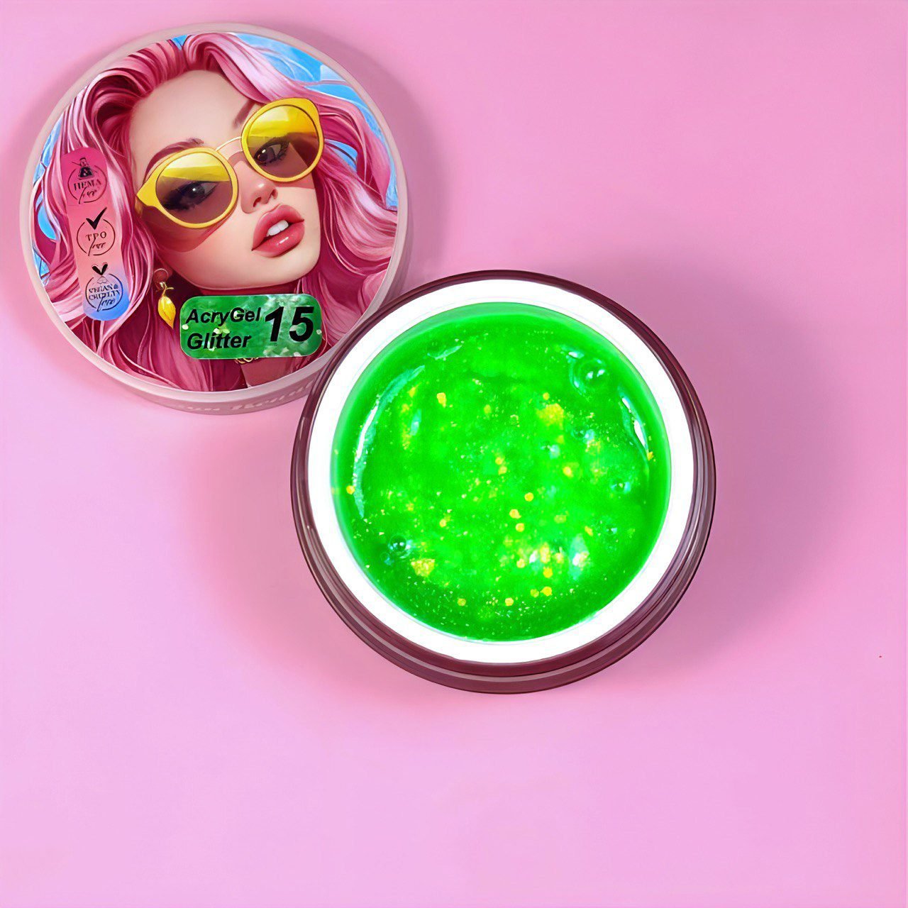 AcryGel Glitter 15 Illusion Beauty 30g – Verde neón con glitters