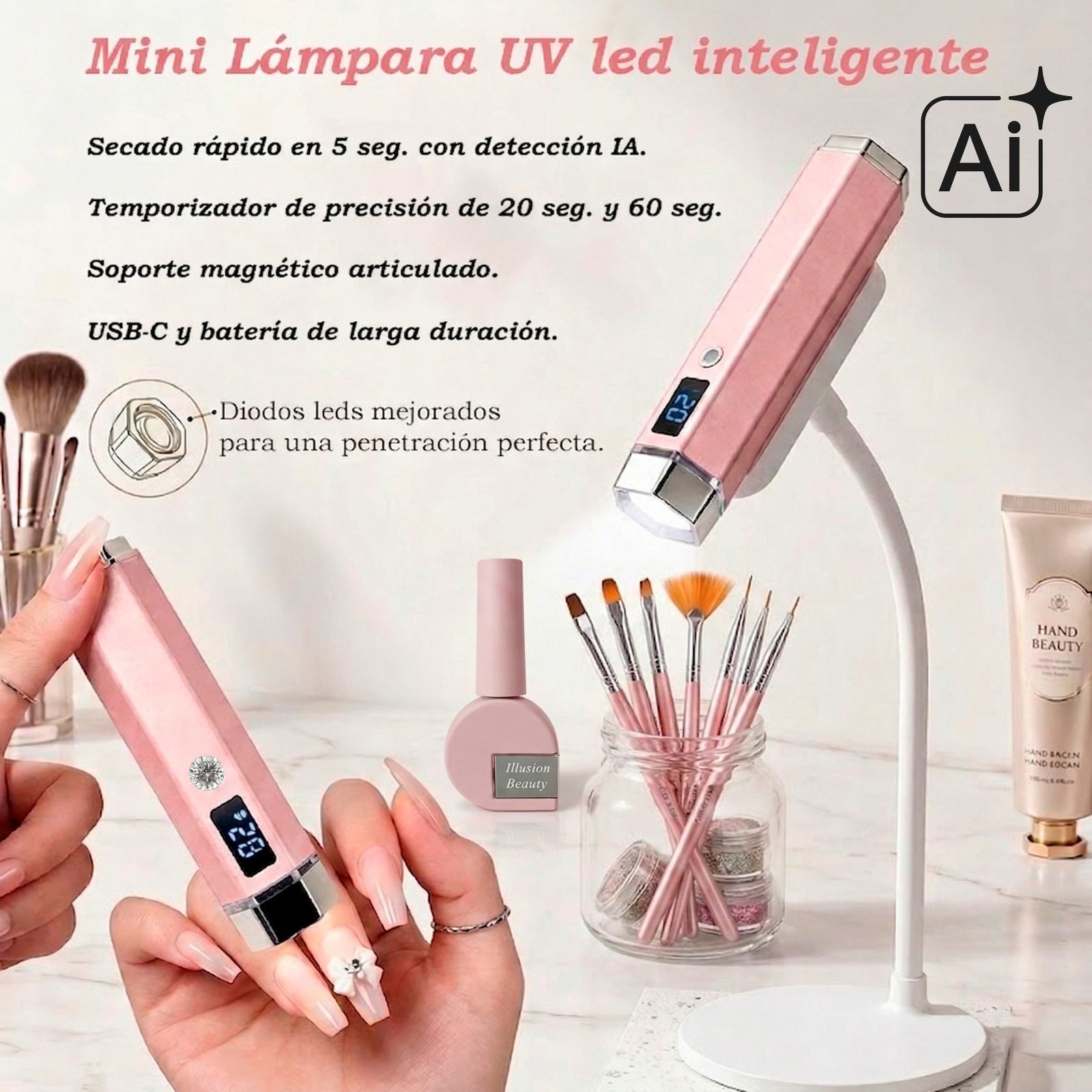 Mini Lámpara LED UV Portátil Profesional – Sensor de IA y Soporte Articulado Magnético